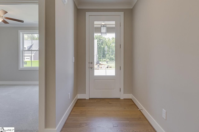 doorway to outside featuring plenty of natural light, light wood finished floors, baseboards, and crown molding
