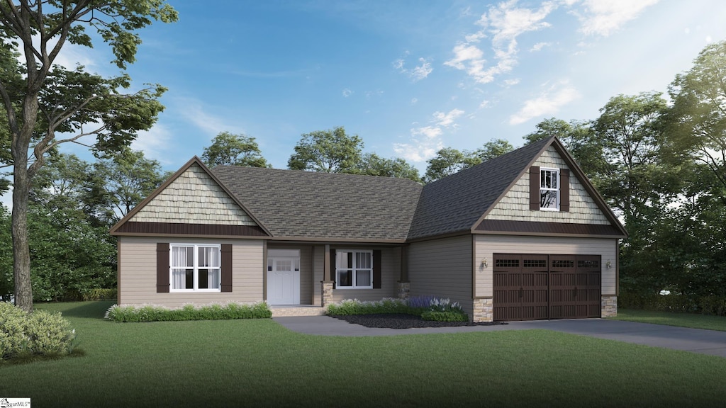6 Rindge Rd, Piedmont, SC 29673 - view of front of house with a shingled roof, driveway, stone siding, and a front lawn