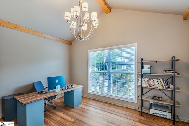 office area with an inviting chandelier, baseboards, vaulted ceiling with beams, and wood finished floors