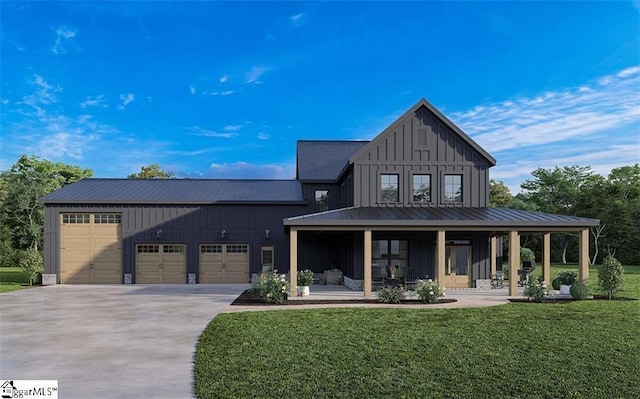 modern inspired farmhouse with concrete driveway, board and batten siding, an attached garage, a front lawn, and metal roof
