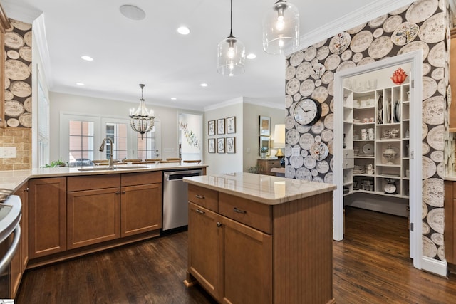 kitchen with a sink, stainless steel dishwasher, crown molding, and dark wood-type flooring