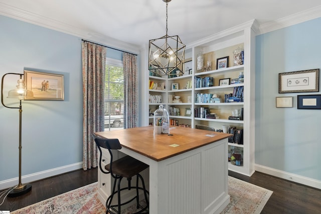 interior space with ornamental molding, a chandelier, and dark wood finished floors