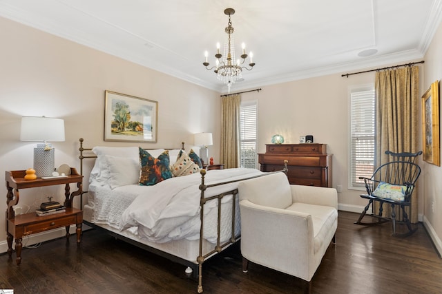 bedroom with dark wood-type flooring, multiple windows, and a chandelier