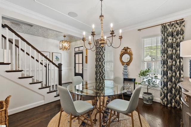 dining room featuring a notable chandelier, baseboards, crown molding, stairs, and dark wood-type flooring
