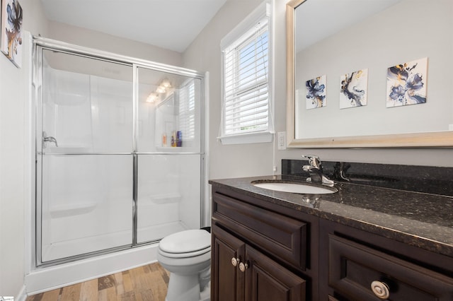 122 Barred Owl Dr, Fountain Inn, SC 29644 - full bathroom with toilet, a stall shower, wood finished floors, and vanity