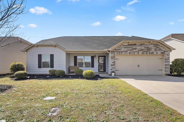 122 Barred Owl Dr, Fountain Inn, SC 29644 - single story home featuring roof with shingles, stone siding, a front lawn, an attached garage, and concrete driveway