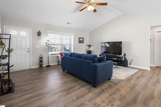 122 Barred Owl Dr, Fountain Inn, SC 29644 - living area with baseboards, vaulted ceiling, visible vents, ceiling fan, and wood finished floors