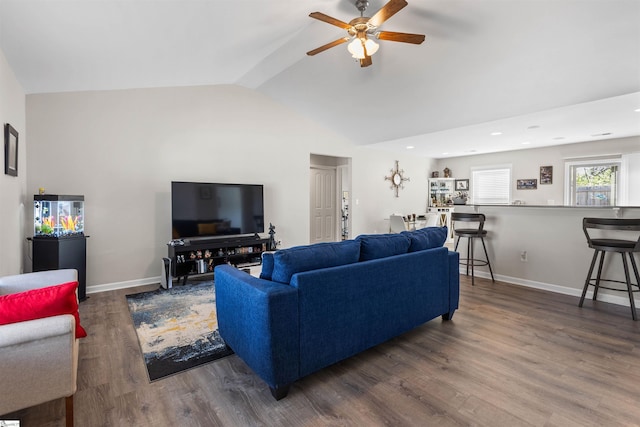 122 Barred Owl Dr, Fountain Inn, SC 29644 - living area with baseboards, a ceiling fan, dark wood finished floors, recessed lighting, and vaulted ceiling