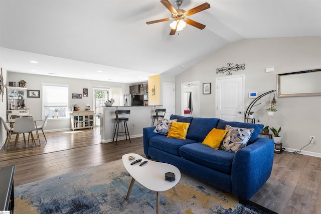122 Barred Owl Dr, Fountain Inn, SC 29644 - living room with ceiling fan, recessed lighting, wood finished floors, lofted ceiling, and baseboards