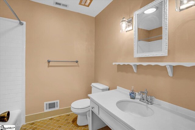 full bathroom featuring toilet, shower / bath combination, tile patterned flooring, and visible vents