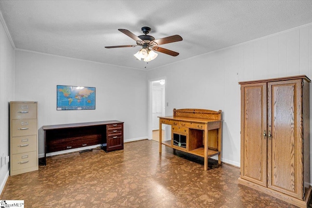 interior space with crown molding, tile patterned floors, a ceiling fan, and baseboards