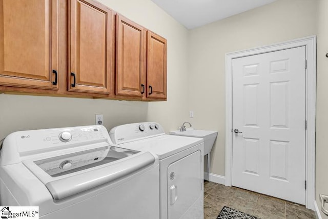 laundry room with cabinet space, washer and clothes dryer, and baseboards