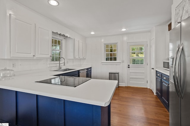 kitchen with stainless steel appliances, a wealth of natural light, white cabinets, and a sink