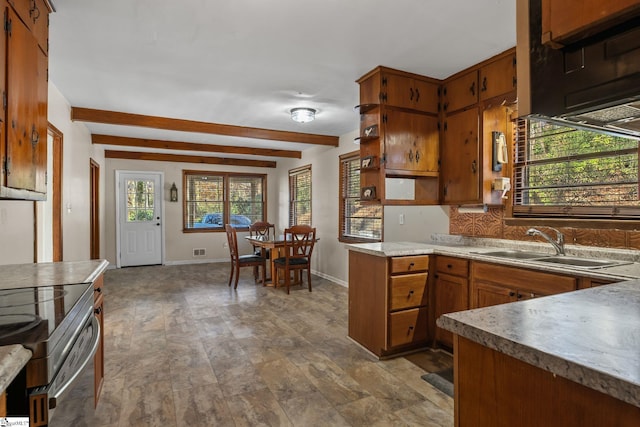 1020 Woodburn Rd, Spartanburg, SC 29302 - kitchen with brown cabinets, decorative backsplash, a sink, and beam ceiling
