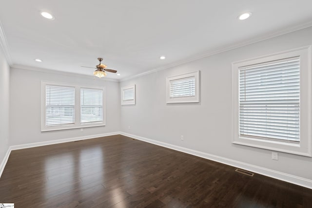 unfurnished room with visible vents, baseboards, a ceiling fan, and recessed lighting