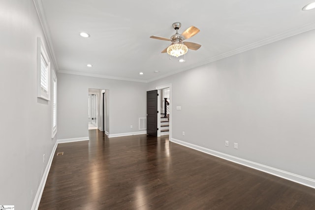 unfurnished room with visible vents, baseboards, ceiling fan, recessed lighting, and wood finished floors