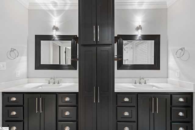 full bathroom featuring ornamental molding and vanity