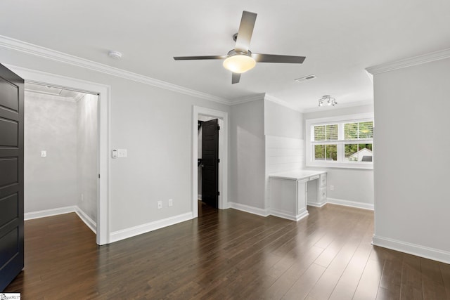 unfurnished living room featuring visible vents, baseboards, a ceiling fan, crown molding, and dark wood-type flooring