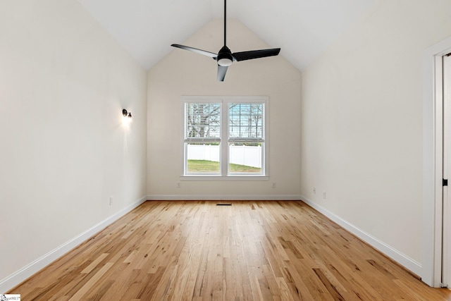 208 Orie Ct, Simpsonville, SC 29680 - empty room featuring visible vents, baseboards, a ceiling fan, light wood-style floors, and vaulted ceiling