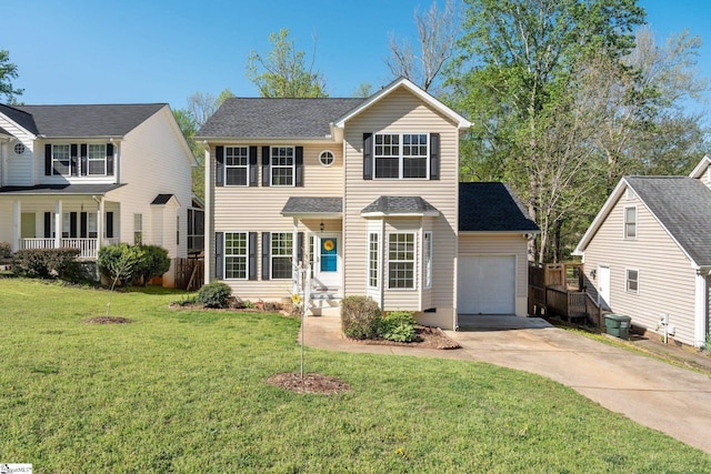 view of front of house featuring a front yard, an attached garage, a shingled roof, and concrete driveway