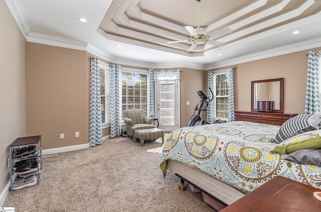 carpeted bedroom with recessed lighting, baseboards, crown molding, and a raised ceiling