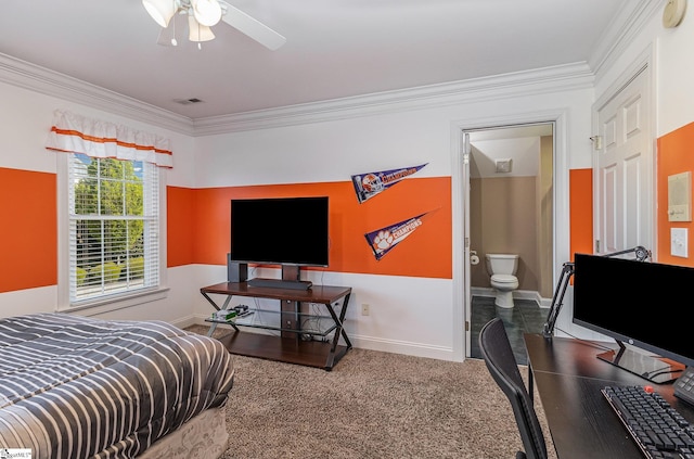 bedroom with visible vents, baseboards, ornamental molding, ensuite bath, and carpet flooring