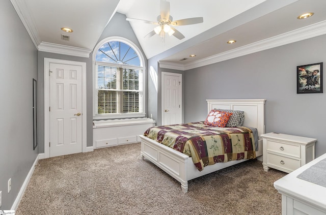 carpeted bedroom with crown molding, a ceiling fan, visible vents, lofted ceiling, and baseboards