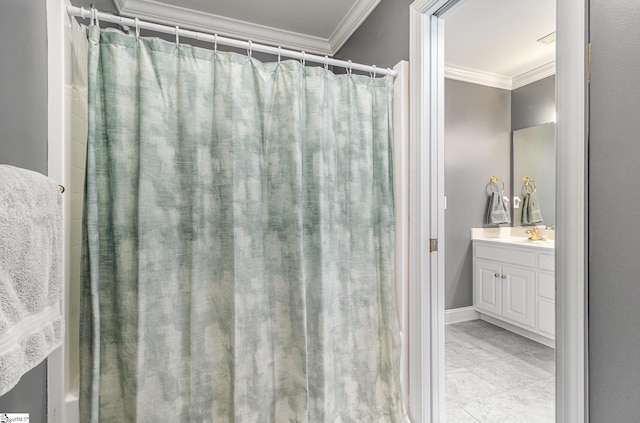 full bath with ornamental molding, a shower with shower curtain, and vanity