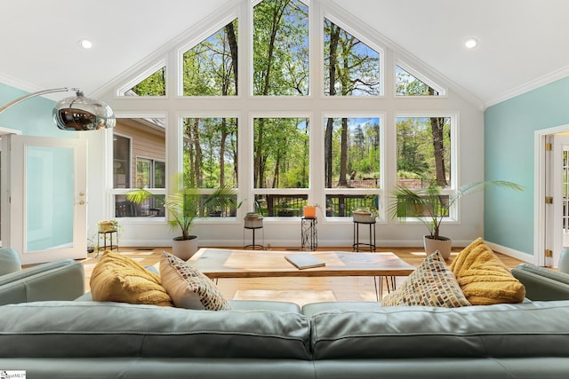 320 Nicklaus Rd, Westminster, SC 29693 - sunroom / solarium with crown molding, baseboards, high vaulted ceiling, and wood finished floors