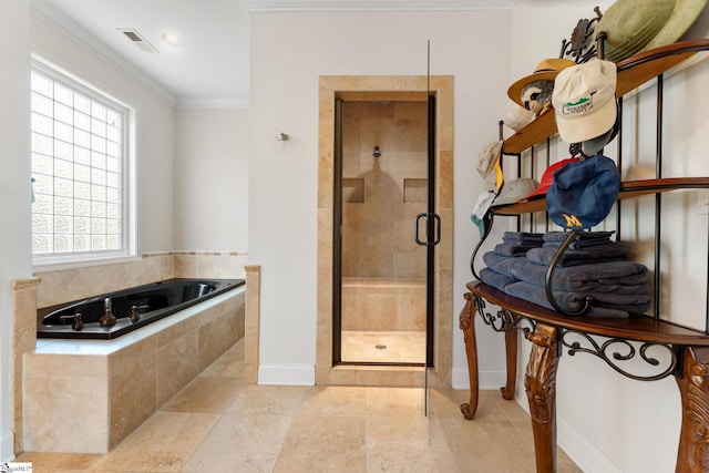 320 Nicklaus Rd, Westminster, SC 29693 - full bathroom with baseboards, crown molding, a shower stall, visible vents, and a garden tub
