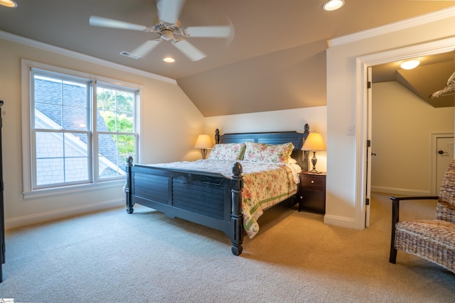 carpeted bedroom featuring baseboards, recessed lighting, crown molding, visible vents, and lofted ceiling