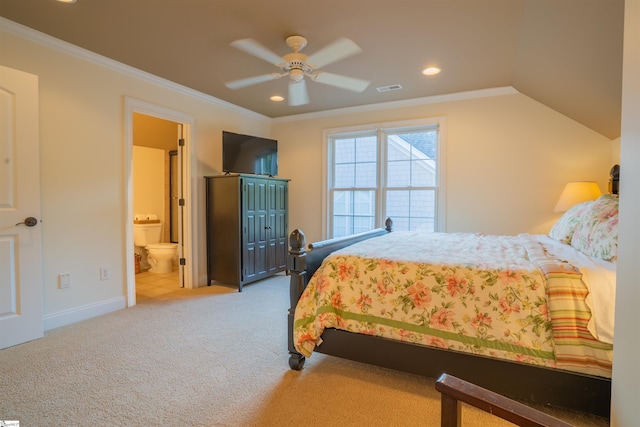 carpeted bedroom with connected bathroom, ornamental molding, visible vents, recessed lighting, and baseboards