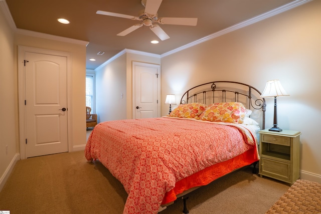 carpeted bedroom featuring crown molding, ceiling fan, baseboards, and recessed lighting