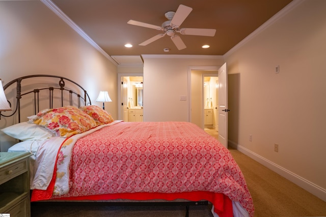 bedroom featuring crown molding, connected bathroom, recessed lighting, light carpet, and baseboards