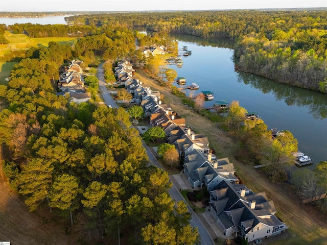 bird's eye view featuring a forest view, a residential view, and a water view