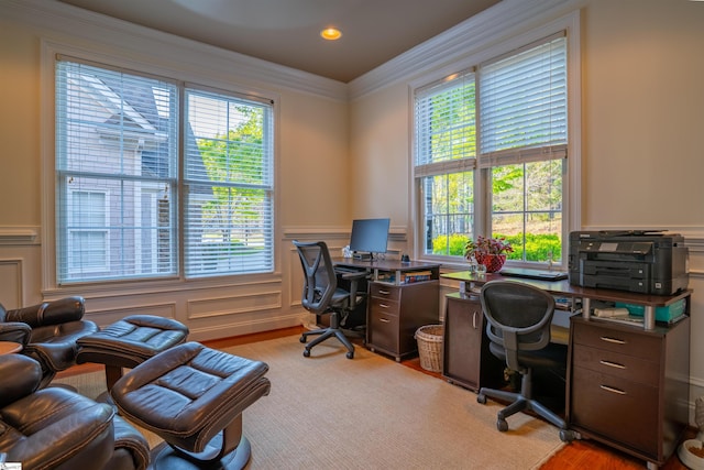 office area featuring a decorative wall, a wainscoted wall, wood finished floors, and crown molding