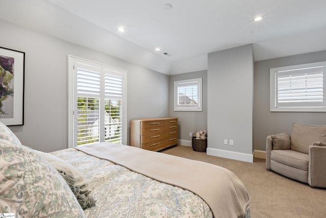 bedroom featuring visible vents, baseboards, recessed lighting, and light colored carpet