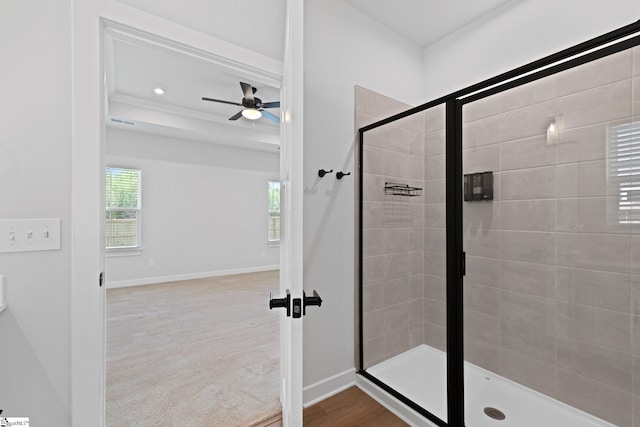 bathroom featuring ceiling fan, a shower stall, visible vents, recessed lighting, and baseboards