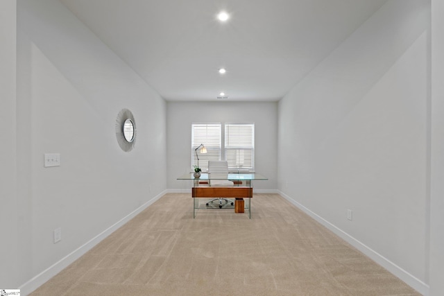 home office featuring light carpet, baseboards, and recessed lighting