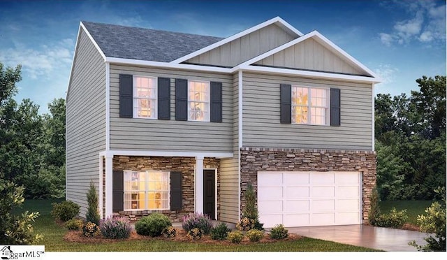 8 Kernow Ln Lot 0077, Piedmont, SC 29673 - craftsman-style house featuring a garage, driveway, stone siding, and board and batten siding