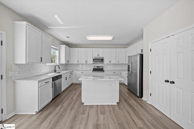 kitchen with stainless steel appliances, a kitchen island, a sink, and decorative backsplash