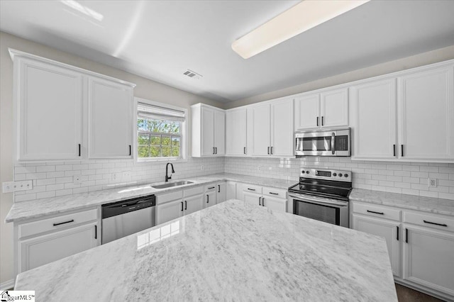 kitchen with visible vents, white cabinets, a sink, stainless steel appliances, and backsplash
