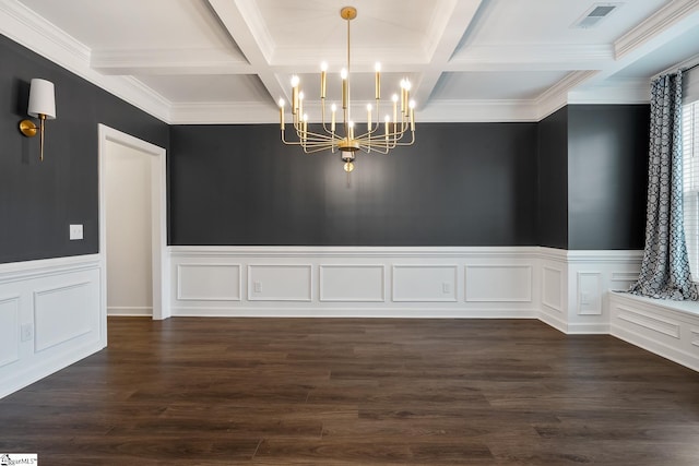 unfurnished dining area with an inviting chandelier, crown molding, visible vents, beam ceiling, and coffered ceiling