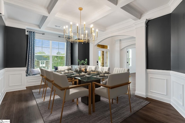 dining space featuring arched walkways, dark wood-style floors, beamed ceiling, and coffered ceiling