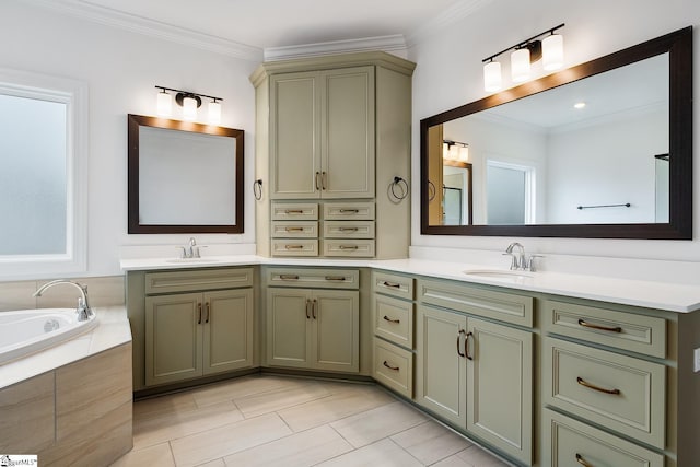 bathroom with a sink, ornamental molding, and double vanity
