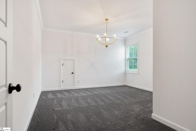 unfurnished room featuring dark colored carpet, baseboards, ornamental molding, a chandelier, and visible vents