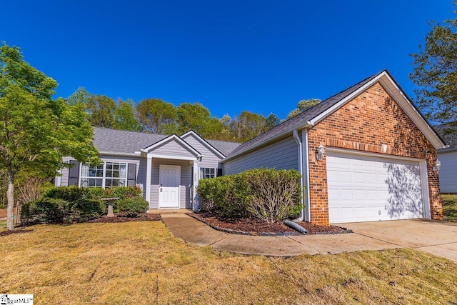350 Hamilton Pkwy, Easley, SC 29642 - ranch-style home with a garage, a front yard, brick siding, a shingled roof, and driveway
