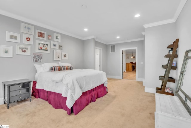 bedroom with light colored carpet, ornamental molding, visible vents, recessed lighting, and baseboards