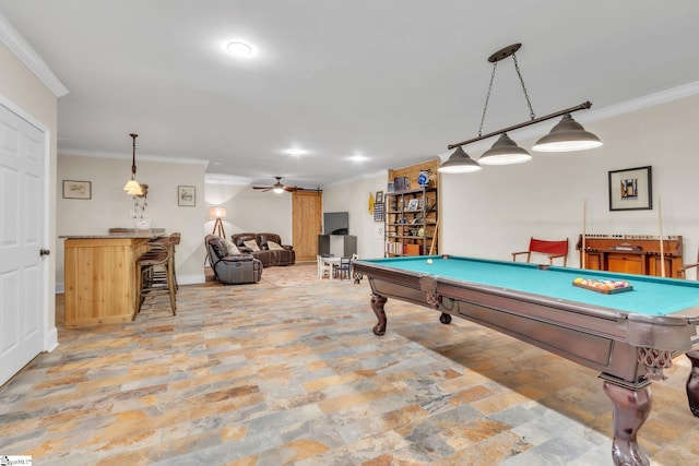 rec room featuring crown molding, ceiling fan, and pool table