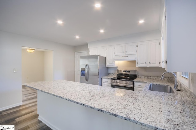 309 Frank St, Easley, SC 29642 - kitchen featuring a peninsula, under cabinet range hood, light stone countertops, stainless steel appliances, and a sink
